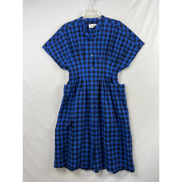 Sideline Dresses & Skirts - Sideline Button Down Dress Women S Blue Black Gingham Cotton Pleated Midi Pocket